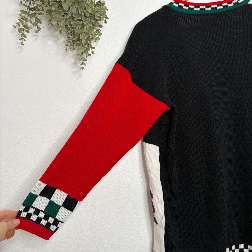 Peanuts Snoopy Christmas Cardigan Sweater Colorblock Checkered Trim V-Neck - Picture 7 of 10